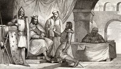 Ludvig II (848-79), Stammerer, tar emot en trohetsed från en adelsman, ur "Histoire de France" av Colart, publicerad omkring 1840. av French School