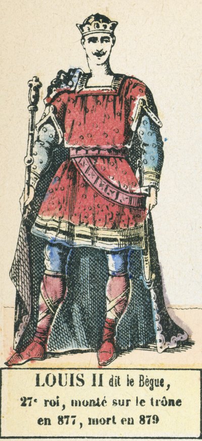 Louis II dit le Begue, 27:e kung, besteg tronen 877, dog 879 (färgad gravyr) av French School