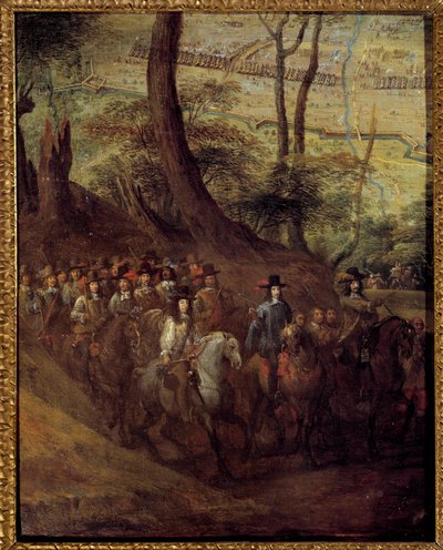 Ludvig II av Bourbon, Prins av Conde (Bourbon-Conde) (Grand Conde) (1621-1686) eller hertig av Enghien, belägrade en stad Målning av den franska skolan på 1600-talet. Sön 0,73x0,58 m av French School
