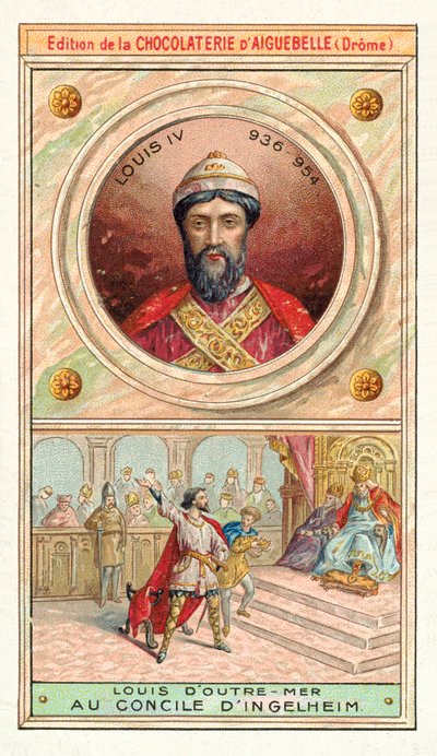 Ludvig IV av Frankrike vid rådet i Ingelheim, 948 (chromolitho) av French School