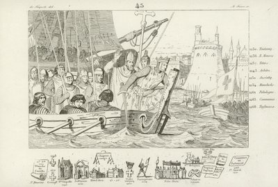 Ludvig IX av Frankrike ledde attacken mot Damietta, Egypten, 7:e korståget, 1249 av French School
