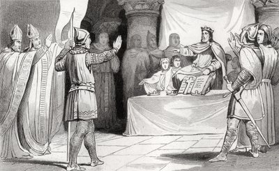 Ludvig I (778-840) den fromme vid hovet, ur "Histoire de France" av Colart, publicerad omkring 1840. av French School