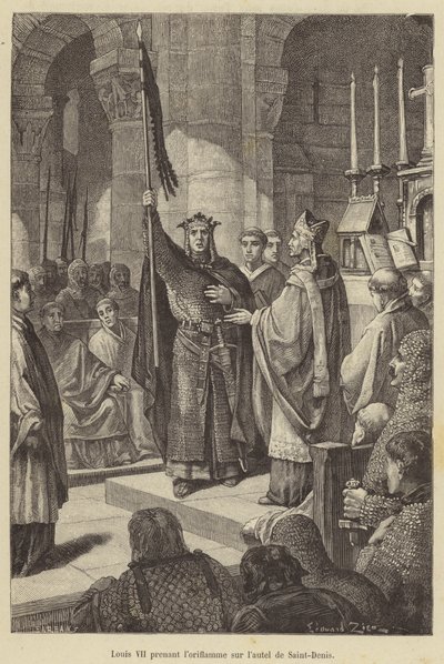 Ludvig VII tar banern från Saint-Denis altar (gravyr) av French School