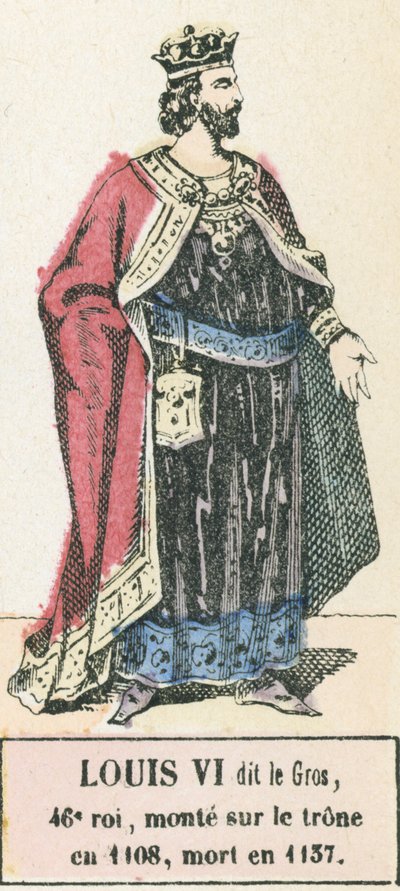Ludvig VI dit le Gros, 46:e kung, besteg tronen 1108, dog 1137 (färgad gravyr) av French School