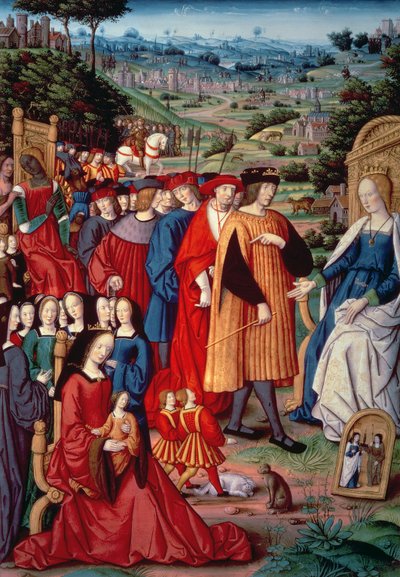 Ludvig XII, kardinal Georges av Amboise (1462-1515), Anne av Bretagne och Claude av Frankrike, från Remedies and Fortunes av Petrarch, 1503 av French School