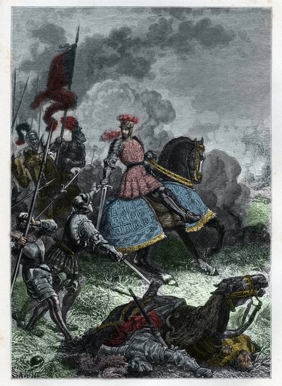 Ludvig XII i slaget vid Agnadel nära Crema i Lombardiet som kungen vann över venitierna den 14 maj 1509 - Slaget vid Agnadello - Ludvig XII av Frankrike besegrar venetianerna - gravyr från "" L