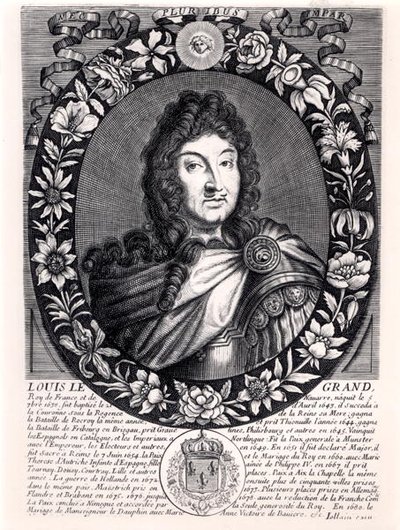 Ludvig XIV (1638-1715) kung av Frankrike, ca 1680 (gravyr) (s/v foto) av French School