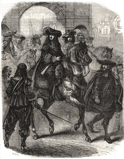 Ludvig XIV (1638-1715) och hans hustru Marie Therese (Marie-Therese) av Österrike (1638-1683) reste in i Paris 1660. Gravyr i "" Histoire de France"" av L.-P. Anguetil av French School