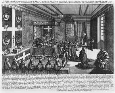 Ludvig XIV (1638-1715) på sin dödsbädd i Versailles den 1 september 1715. av French School