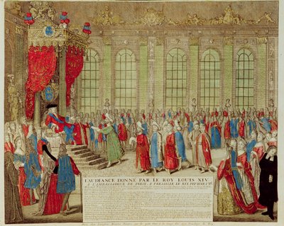 Ludvig XIV (1638-1715) tar emot den persiske ambassadören Mohammed Reza Beg i Galerie des Glaces i Versailles, 19 februari 1715 av French School