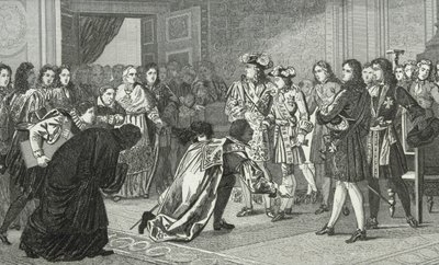 Solkungen Ludvig XIV (1638-1715) presenterar sitt barnbarn Philippe V (1683-1746) för de spanska sändebuden, från 