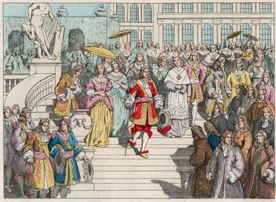 Ludvig XIV (Louis 14) och hans hov i Versailles - Ludvig XIV av Frankrike och hans hov i Versailles - Gravyr från slutet av 1800-talet i "" Nos Gires Nationales - Images et recits"" av French School