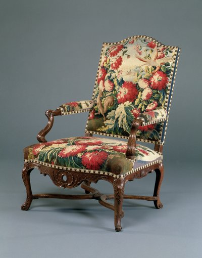 Ludvig XIV Fauteuil, ca 1710 (ristad valnöt och gobeläng) (se även 220169) av French School
