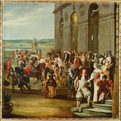 Ludvig XIV inför Thetis grotta i Versailles trädgårdar... av French School
