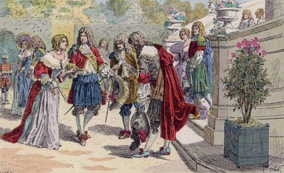 Ludvig XIV av Frankrike och hans hov i Versailles (färglitografi) av French School