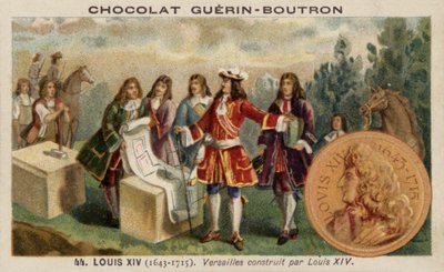 Ludvig XIV av Frankrike övervakar byggandet av slottet i Versailles (chromolitho) av French School