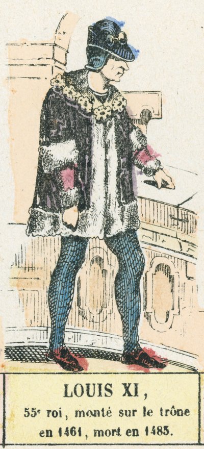 Ludvig XI, 55:e kung, besteg tronen 1461, dog 1483 (färgad gravyr) av French School