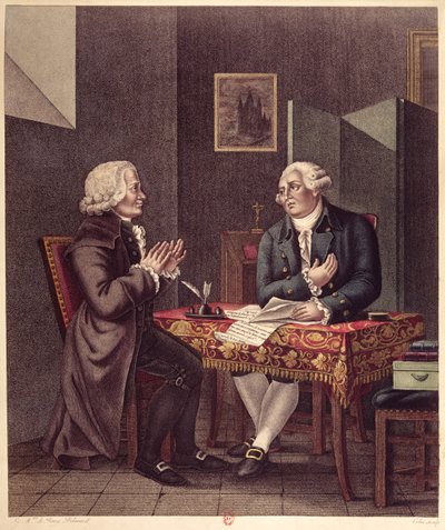 Ludvig XVI (1754-93) Läser sin sista testamente och testamente för Guillaume de Lamoignon de Malesherbes (1721-94) i templet, 25 december 1793 av French School