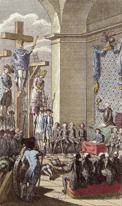 Ludvig XVI (1754-93) vid sin rättegång, korsfäst mellan adeln och prästerskapet, ca 1792 av French School
