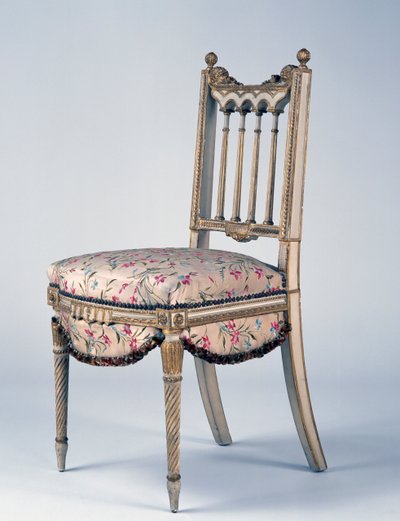 Louis XVI-stil Second Empire (Napoleon III) stol i förgyllt trä och Lyon siden, 1800-talets andra hälft, Frankrike av French School
