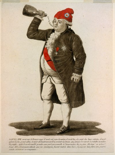 Ludvig XVI bär den röda kepsen och ropar "Länge leve nationen", pub 1792 (handfärgad etsning) av French School