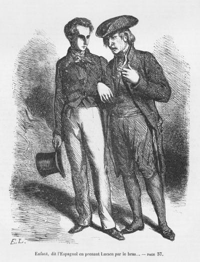 Lucien de Rubempre och Carlos Herrera, illustration från "Les Illusions perdues" av Honore de Balzac av French School