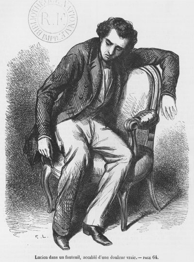 Lucien de Rubempre överväldigad av sorg, illustration från "Les Illusions perdues" av Honore de Balzac av French School