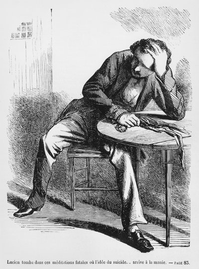 Lucien de Rubempre tänker på självmord, illustration från Splendeurs et Miseres des Courtisanes av Honore de Balzac, publicerad 1867 av French School