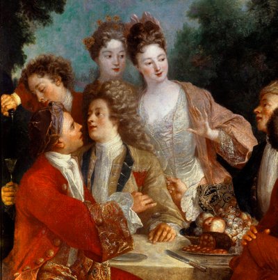 Lunch i Parc Des nobles vid en landsbankett. Detalj av målningen av 1700-talets franska skola. Orleans Museum of Fine Arts av French School