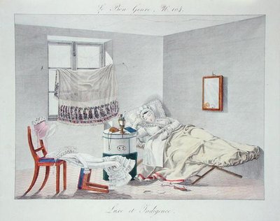 Lyx och fattigdom, plansch 104 från "Le Bon Genre", början av 1800-talet (färggravyr) av French School