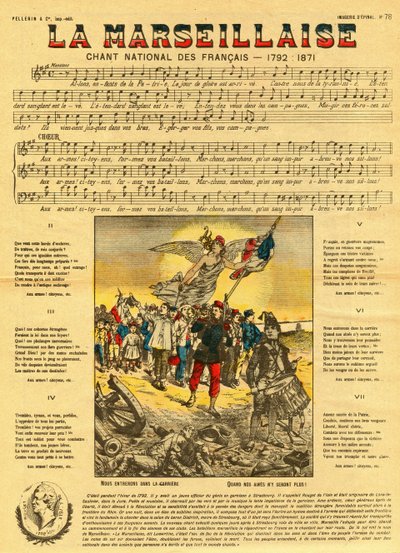 Text och musik till Marseljäsen, den franska nationalsången komponerad av Rouget de Lisle (Rouget de L