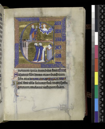 MS 300 f.107r, David ber till Gud (ovan), två präster (nedan), från Psalter and Hours of Isabella of France, Paris, c.1265-70 (penna & bläck och tempera på pergament) av French School