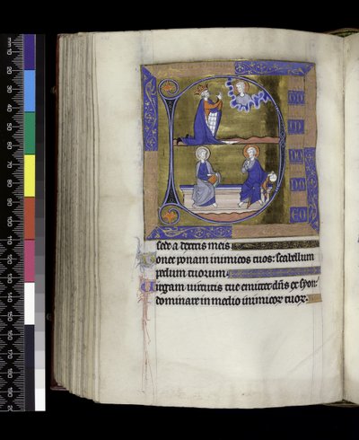 MS 300 f.125v, David ber till Gud (ovan); Gud med klot och Kristus med bok sittande på bänken (nedan), från Isabellas psalter och timmar, Paris, ca 1265-70 (penna & bläck och tempera på pergament) av French School