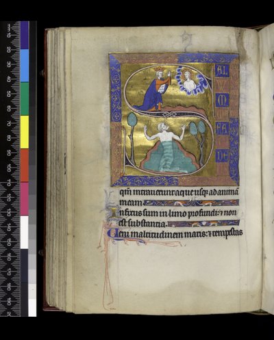 MS 300 f.70v, David ber till Gud (ovan), David sjunker i vatten (nedan), från Psalter and Hours of Isabella of France, Paris, c.1265-70 (penna & bläck och tempera på pergament) av French School