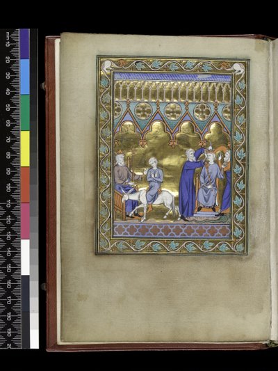 MS 300 f.Vv, David, på tronen, sänder Salomo till Sadoc och Nathan som kröner och smörjer honom, från Isabellas psalter och timmar i Frankrike, Paris, ca 1265-70 av French School