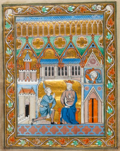 MS 300 fol.VIIi Kung David tar emot nyheten om Absaloms död, från Isabelle av Frankrikes psaltartimmar, ca 1255 av French School