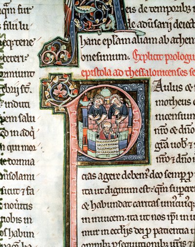 MS 3 Fol. 291v The Escape of Saint Paul from Damaskus, upplyst initial bokstav P, 1200-talet, från Avranches Bible av French School