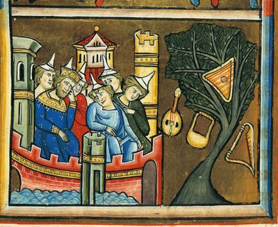 MS CXXXVII fol. 139v, Sörjande judar i Babylon, från Sankt Elizabeths psalter (tempera & bladguld på veläng) av French School