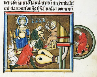 MS CXXXVII fol. 149r, kung David håller i psaltaren och musiker spelar, från psaltaren från Saint Elizabeth (tempera & bladguld på veläng) av French School