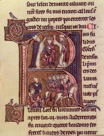 MS Fr 9081 f.99v Historikert initial R som föreställer kung Baldwin I av Flandern (1171-1205) som kröntes till den latinska kejsaren 1204 och hans generositet mot en turkisk kvinna som skickar iväg sitt barn av French School