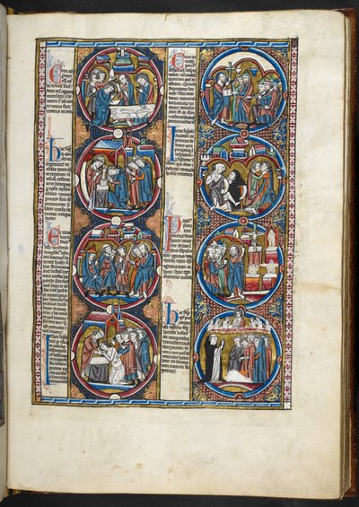 FRÖKEN. Harley 1527, f.77r, miniatyrer från Bible moralisée (vellum) av French School