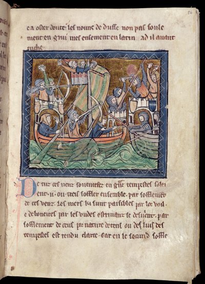 MS Marlay Lägg till 1 f.86 Sida med text med belysning av ett sjöslag, från De Re Militari, c.1270 av French School