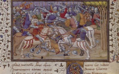 MS Royal 20 B.XX fol.16v Filips nederlag av Pausanias, med beridna riddare som slåss, från 