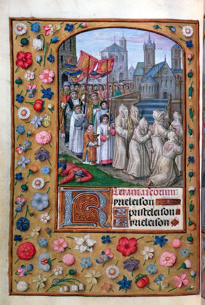 MS Vol. 137 f.136v Processionen av påven Gregory I (c. 540-604) genom Rom 590, från litanierna i en timbok, fransk, tidigt 1500-tal av French School