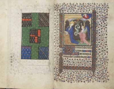 MS Widener 4, ff.26v-27r, Coat of Arms and the Annunciation, from a Book of Hours, användning av Rennes, c.1405 (penna & bläck och tempera på veläng) av French School