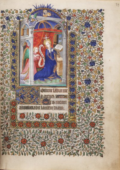 MS Widener 6 f.29r, Annunciation, from a Book of Hours, användning av Paris av French School