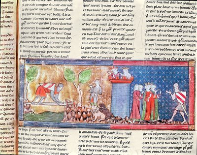 M. 806 f.166 Lancelot bevisar sin kärlek till Guinevere genom att korsa en flod överbryggad av ett skarpt svärd, från Roman de Lancelot du Lac, 1344 av French School