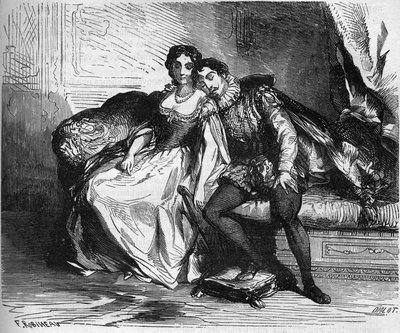 Madame de Sauve, som agerar för drottning Catherine de Medicis, förförde kung Henrik av Navarra (1553-1610). Gravyr i "Prostitutionens och utsvävningens historia bland alla världens folk från antiken till våra dagar" av Dr Th. -F. Debray. 1879. av French School
