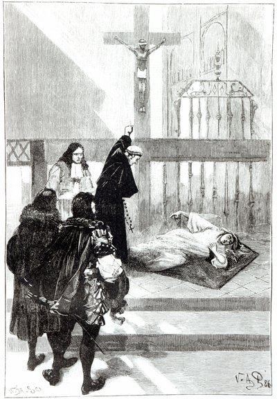 Madame de Sazilles exorcieras i närvaro av hertig Gaston dOrleans, illustration för Louduns besatta i Les Mysteres de la Science av Louis Figuier, 1886 av French School