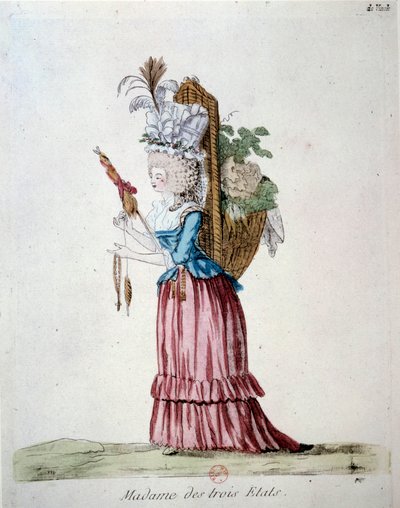 Madame of the Three States En kvinna som bär eleganta kläder och bär på en korg med frukt och grönsaker som representerar de tre staterna vid tiden för den franska revolutionen. Gravyr från 1789. Arsenals bibliotek, paris av French School